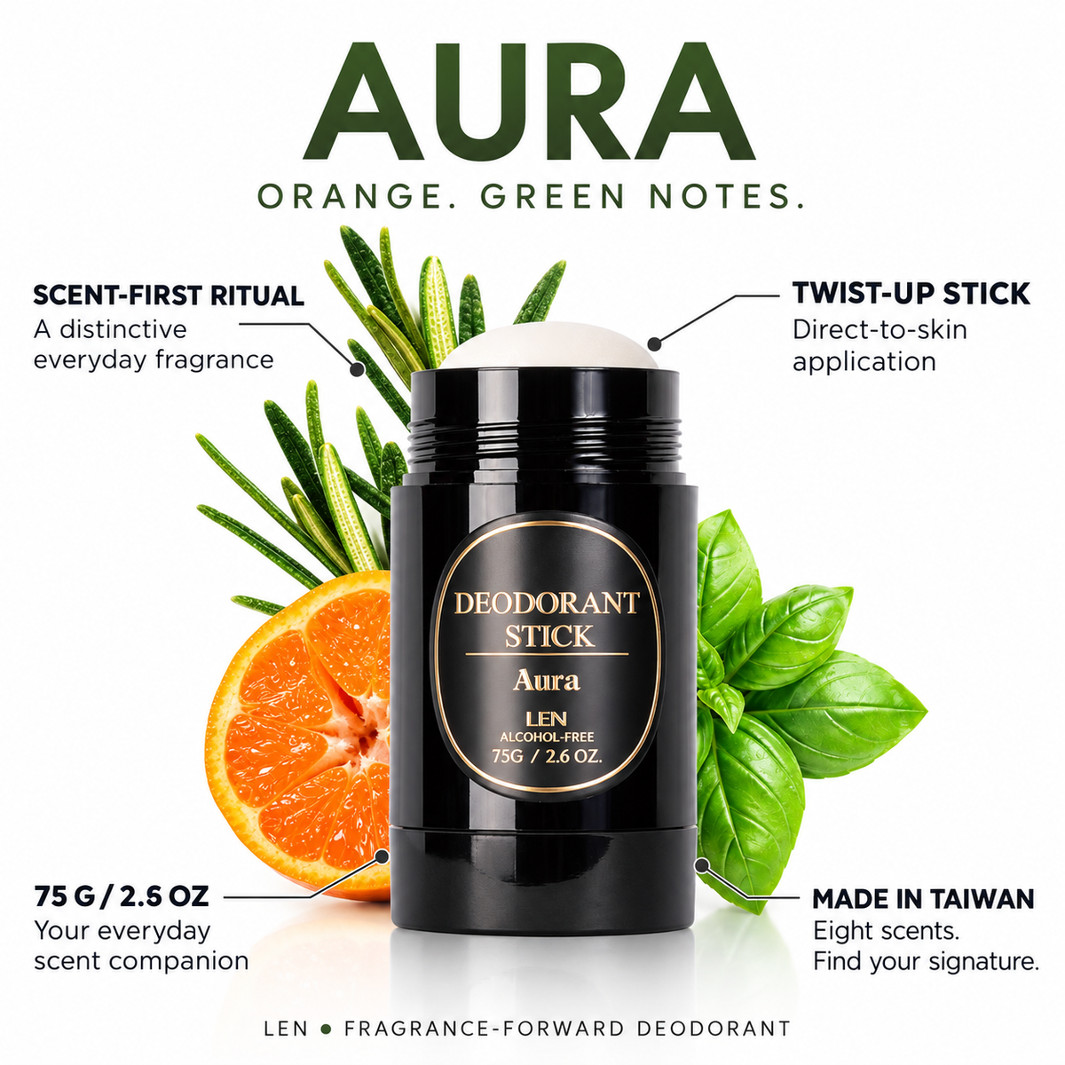 Aura product analysis: Orange + green notes; twist-up stick; 75 g / 2.6 oz; made in Taiwan