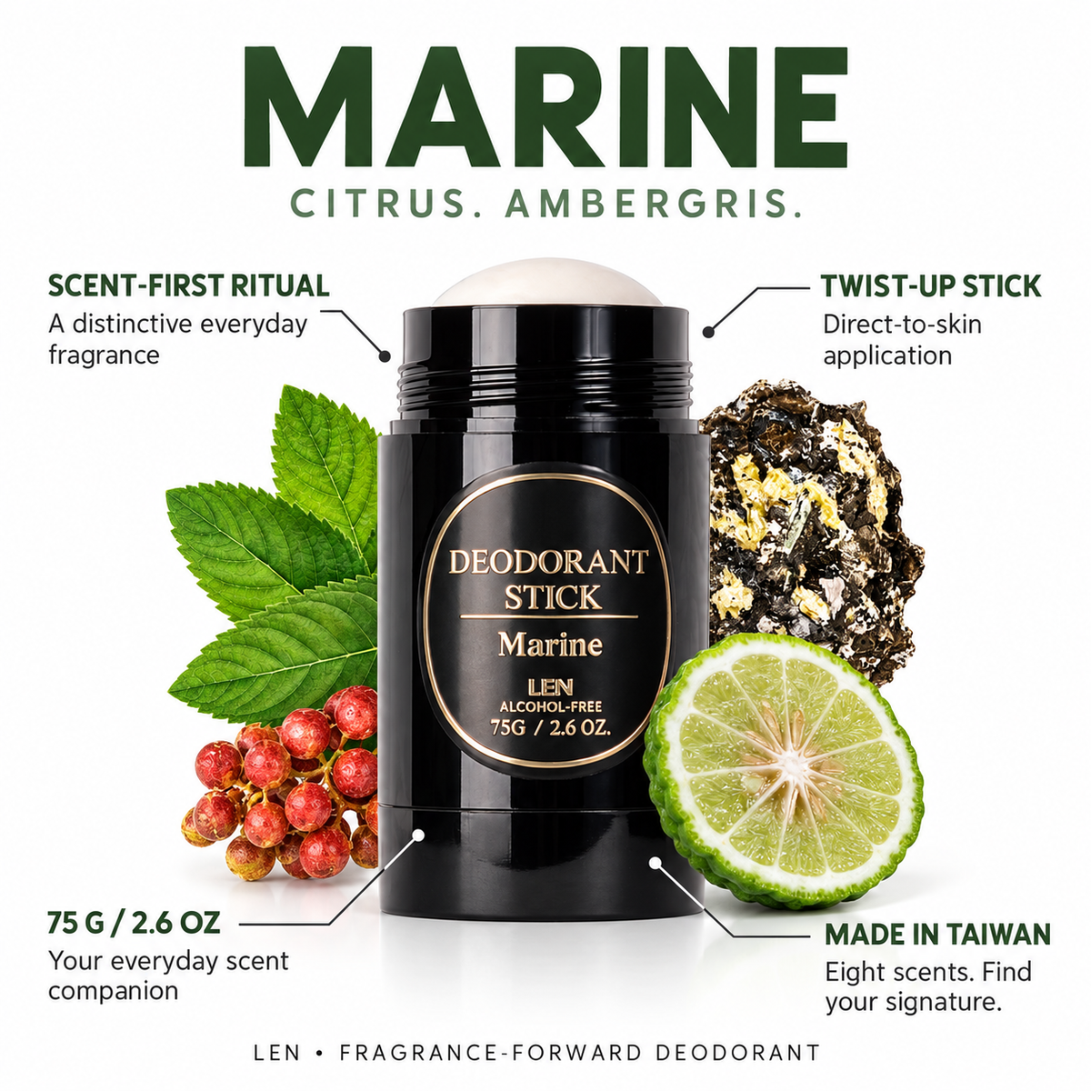 Marine product analysis: Citrus + ambergris; twist-up stick; 75 g / 2.6 oz; made in Taiwan