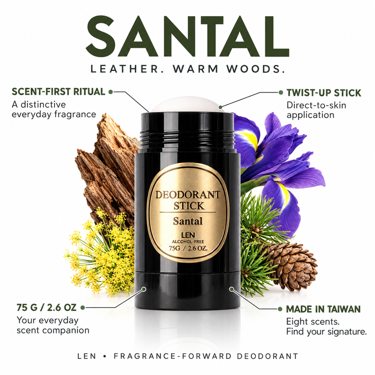 Santal product analysis: Leather + warm woods; twist-up stick; 75 g / 2.6 oz; made in Taiwan
