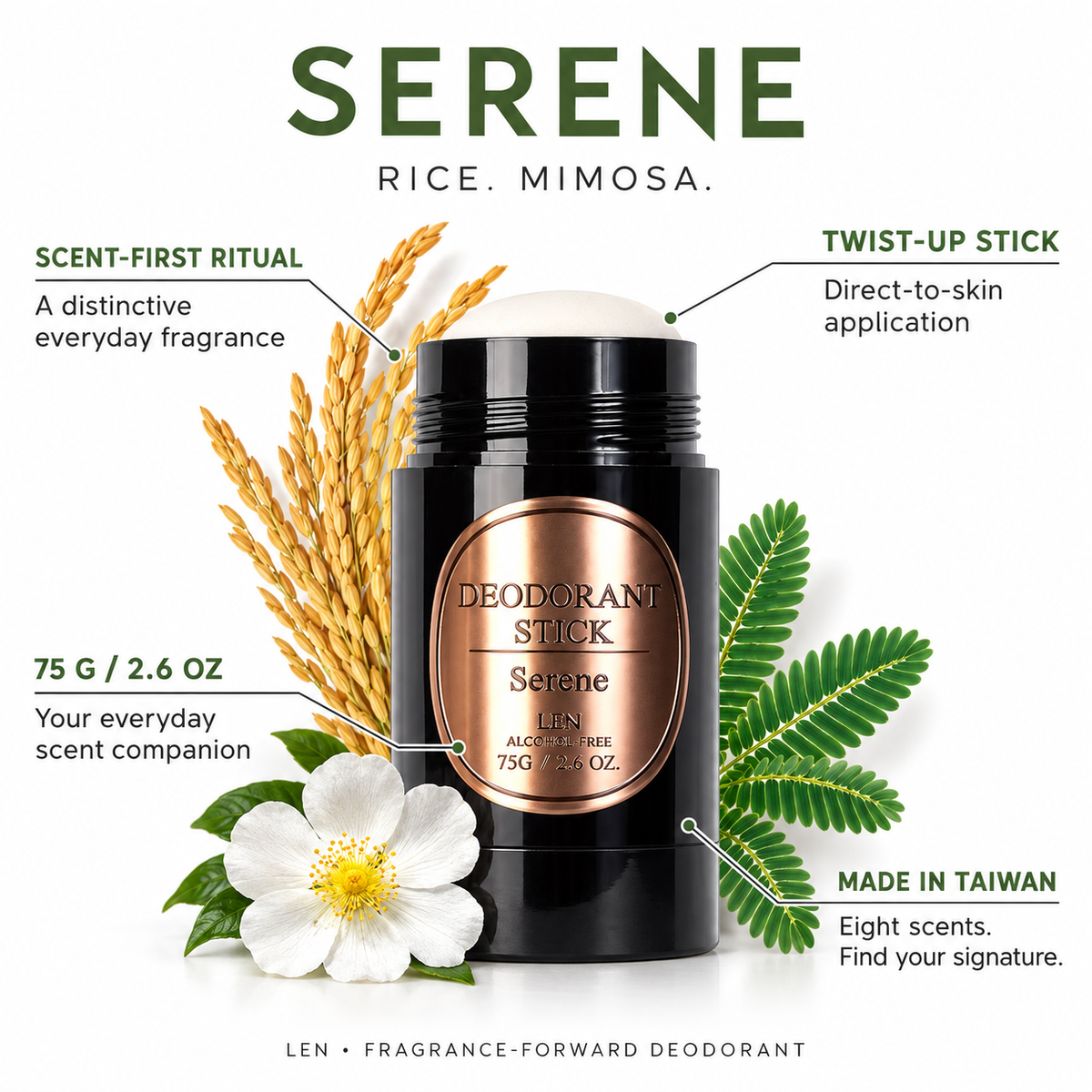 Serene product analysis: Rice + mimosa; twist-up stick; 75 g / 2.6 oz; made in Taiwan
