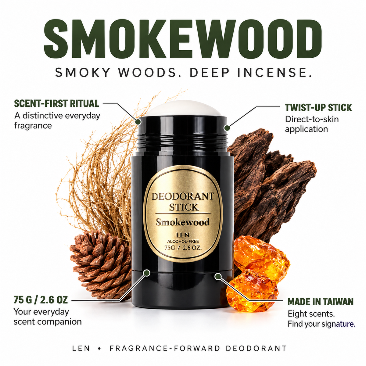Smokewood product analysis: Smoky woods + incense; twist-up stick; 75 g / 2.6 oz; made in Taiwan